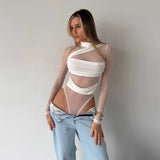 2025 New Perspective Long-Sleeved T-Shirt Sexy Y2K Design Mesh Yarn HZ0108