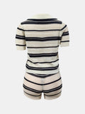 2025 Summer New Women's Stripe Crochet Short-Sleeved Collar Short Sleeves Casual Shorts Two-Set HZ0108