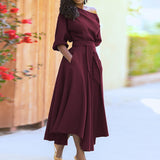 2025 New Women's Simple Slanted Shoulder Tie With Waist Solid Color Dress Woman HZ0108
