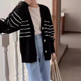 Hong Kong Flavor Retro-Colored Striped Knitted Cardigan Coat Women's Autumn And Winter Women's Loose Lazy Casual V-Neck Sweater HZ0108