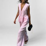 2026 Spring New Women's Temperament Commute Simple V-Neck Solid Pants Set Women HZ0108