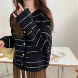 French Small Scent Striped Knitted Cardigan Women's Autumn And Winter Loose Soft Glutinous Outside Wearing Round Neck Retro Ocean Sweater Coat HZ0108