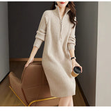 French Temperament Knitted Dress Women's Autumn And Winter 2025 New Half-Zip Chain Leisure Long Sleeve Collar Sweater Dress HZ0108