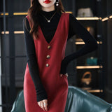 2025 Spring And Autumn V-Neck Dress Women's Vest Vest Knitted Long Sweater Bottom Sweater Skirt Sleeveless HZ0108