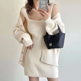 Korean Chic Autumn/Winter Miniaum Vintage Lazy Sweater Coat + Knitted Suspension Dress Two-Sleeve Woman HZ0108