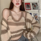 Striped Knitted Cardigan Female Design Sense Of A Small Pure Windy Hottie Short Top Summer Autumn Chic Sling Two Sets HZ0108