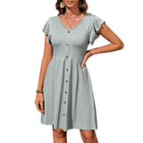 2025 Summer New Women's V-Neck Button To Collect Waist Elastic Short-Sleeved Dress Women HZ0108