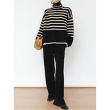 Striped Turtleneck Sweater Women 2025 Autumn And Winter New Loose Lazy Wind Open Fork Knitting Jacket Woman HZ0108
