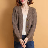 2025 Autumn And Winter V-Neck Solid-Colored Cardigan Simple Loose Middle-Age Mother Long-Sleeved Knitted Sweater Women's Casual Coat HZ0108