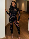 Hot Fashion Sexy Women's Round-Neck Long-Sleeved Hollow Lace Tight Hip Jumpsuit HZ0108