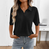 Tiktok New 2026 Lady Collar Solid Color Knitting Jersey Loose Short-Sleeved T-Shirt HZ0108