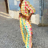 2026 Spring Women's V-Neck Printed Painted Lantern Sleeve Temperament Commer's Elegance Commerity Casual Set HZ0108