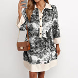 2025 Women's Spring And Winter New Fashion Casual Ink Print Collar Half-Sleeved A-Shaped Dress Women HZ0108