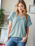 2025 Tiktok Casual Pit Strips Knitted Loose V-Neck Short-Sleeved T-Shirt HZ0108