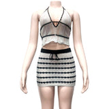 2025 Summer New Sexy Fashion V-Neck Hanging Back Hottie Knitted Dress 2 Sets HZ0108