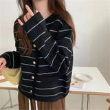 French Small Scent Striped Knitted Cardigan Women's Autumn And Winter Loose Soft Glutinous Outside Wearing Round Neck Retro Ocean Sweater Coat HZ0108