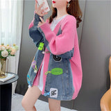 Designing Denim Splicing Sweater Women's Cardigan 2025 New Autumn And Winter Loose Lazy Knit Coat Top HZ0108