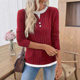 Mid-Winter 2025 New Lady Fake Two Round Collar Button Cover Long-Sleeved T-Shirt HZ0108