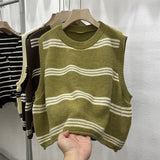 Vintage Collar Striped Knitted Vest Women Early Autumn Korean Version Of Loose Round Collar Without Sleeves Folding Sweater Vest Woman HZ0108