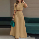 Autumn 2025 New Women's Sexy Round Collar Blouse High-Waist Broad Leg Trousers Fashion Casual Set HZ0108
