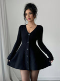 Pure-Want Hottie Temperament V Collar Long Sleeve Knitted Waist Thin Dress A Word Loose Dress HZ0108