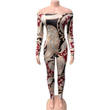 2025 Summer Sexy Hot Girl Print A Word Shoulder Tight Waist Raised Hip Print Conjoined Trousers HZ0108