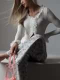 Pure-Style White Lace Stitched Knitted Shirt Design Lace Wood Ear Tight Shirt Woman HZ0108
