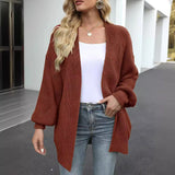 Women's Clothing 2025 Autumn And Winter Lantern Sleeve Sweater Women's Coat Coarse Wool Pocket Knitted Cardigan HZ0108