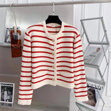 Gold Buckle With Striped Round Collar Small Fragrant Knitted Cardigan Girl Spring And Autumn French Loose Short Outer Sweater Coat HZ0108