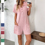 2025 Summer New Collar Button Loose Pocket Short Sleeve Jumpsuit HZ0108