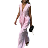 2026 Spring New Women's Temperament Commute Simple V-Neck Solid Pants Set Women HZ0108
