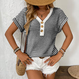 2025 Summer New Lady Splicing Knit V Collar Button Cover Short Sleeve HZ0108