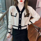 Small Fragrant Knitted Sweater Women 2025 Spring And Autumn New Hit-Colored Cardigan Jacket Casual Temperament V Collar Blouse Tide HZ0108