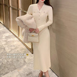 French Small Fragrant Knitted V-Neck Dress 2025 Autumn And Winter Women's Temperament Pocket-Bottomed Sweater Skirt HZ0108
