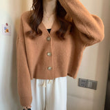 Korean Gentle Wind Solid Color Simple Jump Sweater Women's Coat Spring And Autumn New Slim Slim Short Knitted Open Shirt HZ0108