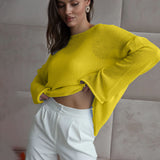 Slave Knitted Jersey 2025 Spring And Summer New Female Perspective Thin Round Collar Horn Sleeve Knit T-Shirt HZ0108