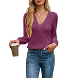 2025 Autumn And Winter New Multi-Level V-Neck Solid Color Long-Sleeved Lady T-Shirt HZ0108