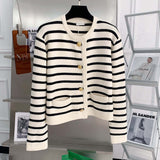 Gold Buckle With Striped Round Collar Small Fragrant Knitted Cardigan Girl Spring And Autumn French Loose Short Outer Sweater Coat HZ0108