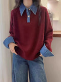 Cowboy Sleeve Splicing Fake Two Sweaters Women's Autumn/Winter 2025 Women's Loose POLO Collar Knitted Knitted Jersey HZ0108