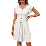 2025 Summer New Women's V-Neck Button To Collect Waist Elastic Short-Sleeved Dress Women HZ0108