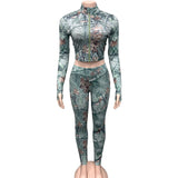 2025 New Fashion Print Long-Sleeved Umbilly Zip Open Shirt Trousers Two-Piece HZ0108