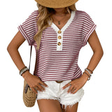 2025 Summer New Lady Splicing Knit V Collar Button Cover Short Sleeve HZ0108