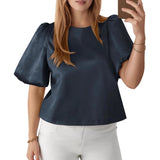 2026 New Elegant Lady Round Collared Fascling Bubble Sleeve Doll Shirt HZ0108