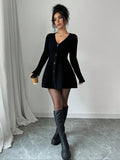 Pure-Want Hottie Temperament V Collar Long Sleeve Knitted Waist Thin Dress A Word Loose Dress HZ0108