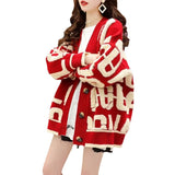 Korean Towel Embroidered Fashion Loose Lazy Letter Knitted Coat Autumn And Winter Women's Clothing Hit Color Sweater Women's Cardigan HZ0108