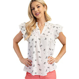 2025 Summer New V-Neck Multi-Layer Lotus Leaf Sleeve Sweet Print Lady Shirt HZ0108