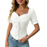 2025 Summer New Fashion Folding Drawstring Sexy Short-Sleeved Top HZ0108