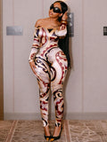 2025 Summer Sexy Hot Girl Print A Word Shoulder Tight Waist Raised Hip Print Conjoined Trousers HZ0108
