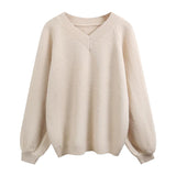 South Korea Chic Spring And Autumn New Lazy V Collar Collar Loose Solid Color Bubble Sleeve Knitted Sweater HZ0108