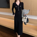 French Small Fragrant Knitted V-Neck Dress 2025 Autumn And Winter Women's Temperament Pocket-Bottomed Sweater Skirt HZ0108